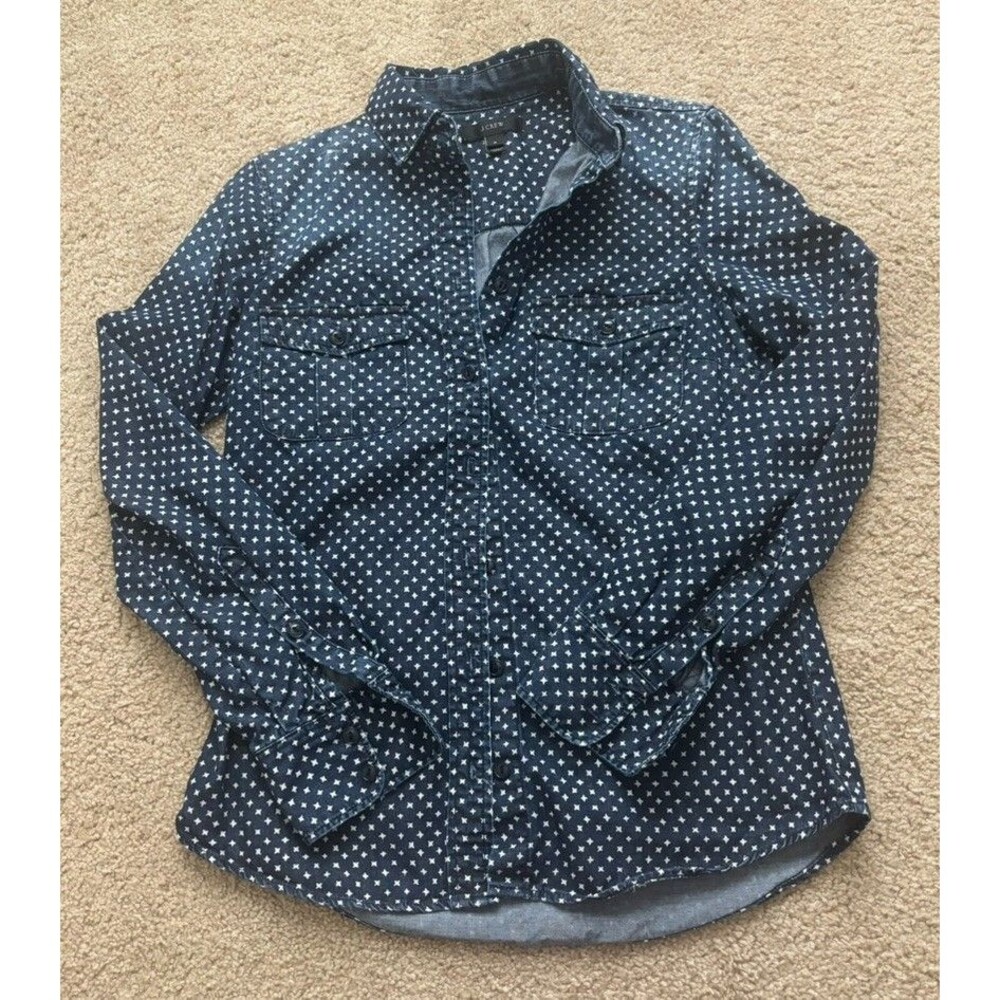 J. Crew Womens Shirt Sz 0 Blue Denim Star Dot Keeper Chambray Button Up American